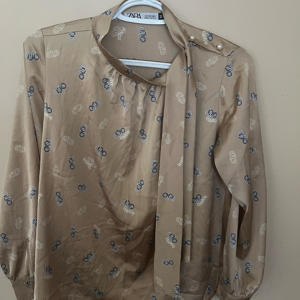 Zara Tan and Blue Patterned Blouse